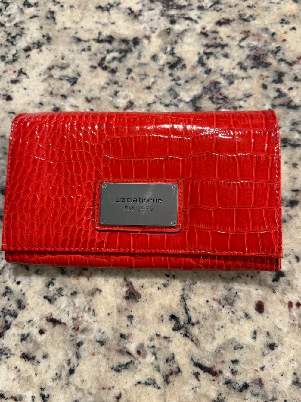 Liz Claiborne Wallet Glossy Coral Red Croc Embossed Leather Snap Close Vintage